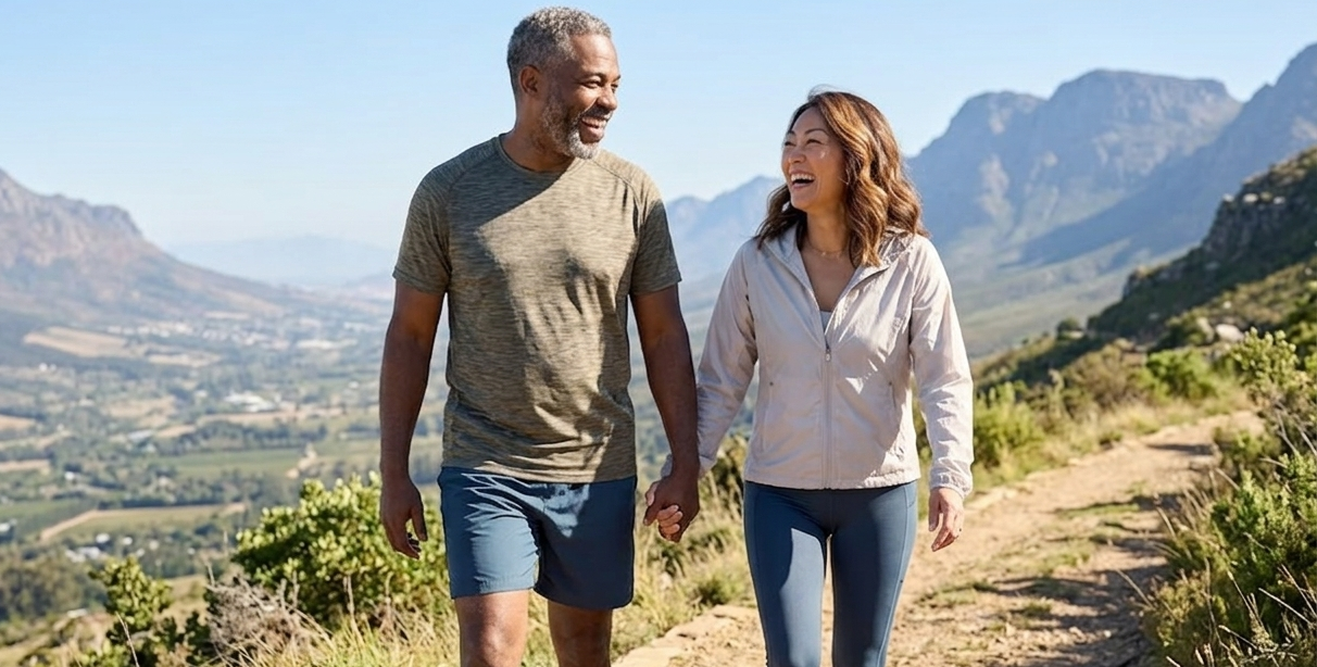 A couple hiking outdoors on a sunny trail — representing an active lifestyle — Wegovy Side Effects: What to Expect, Timeline and How to Manage Them